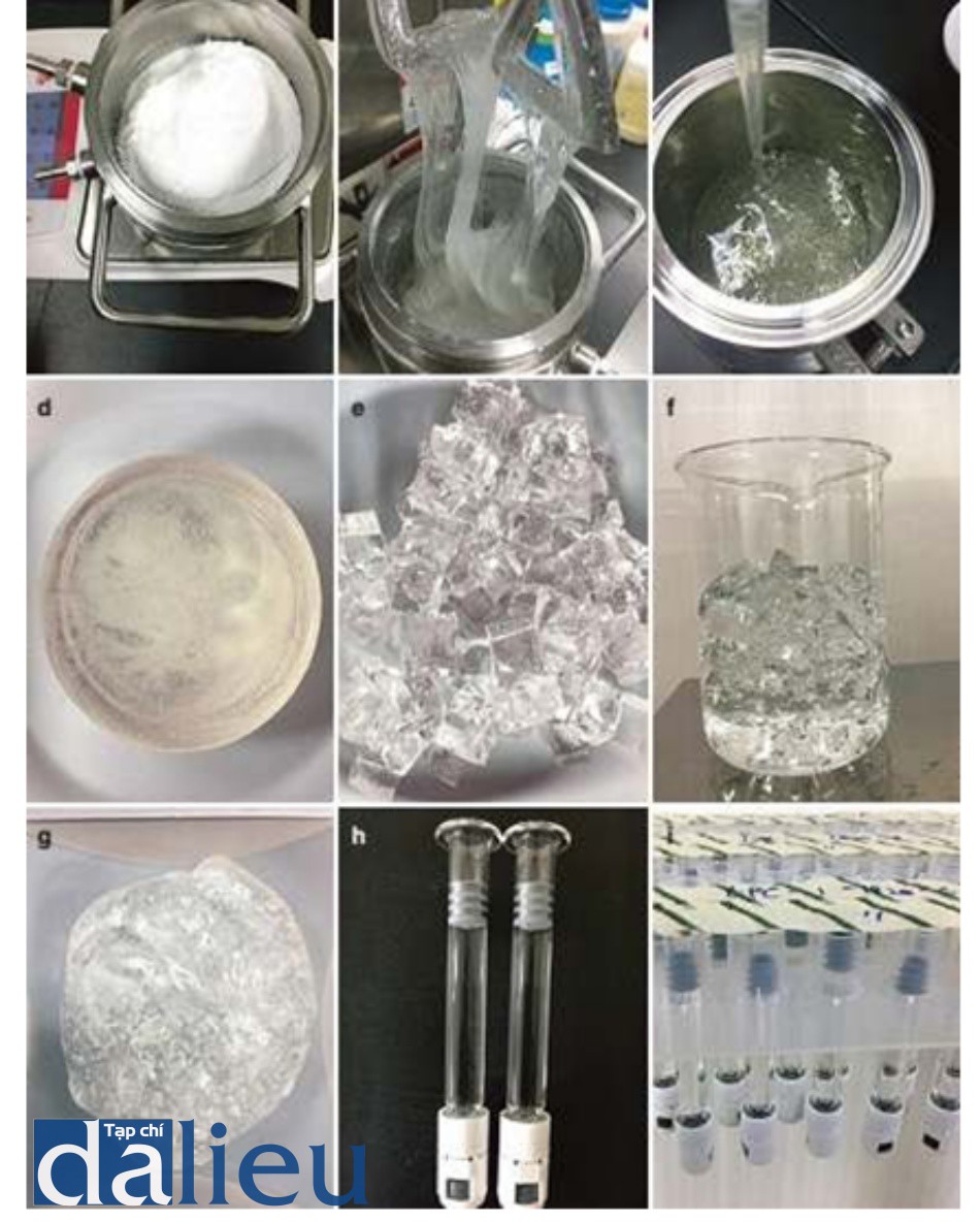 Hình 2.4 Quá trình sản xuất. (a) Cân: cân hyaluronic acid thô. (b) Hòa tan trong NaOH. (c) Phản ứng: trộn với 1,4-butanediol diglycidyl ether ở nhiệt độ và thời gian thích hợp. (d) Gel sau phản ứng. (e) Cắt khối: cắt gel theo kích cỡ phù hợp. (f) Rửa: rửa sạch NaOH tồn dư, 1,4-butanediol diglycidyl ether tự do, và hyaluronic không tinh khiết. (g) Phân tách: tách theo cỡ phù hợp. (h) Đóng gói: đóng gói vào xylanh. (i) Đóng hộp