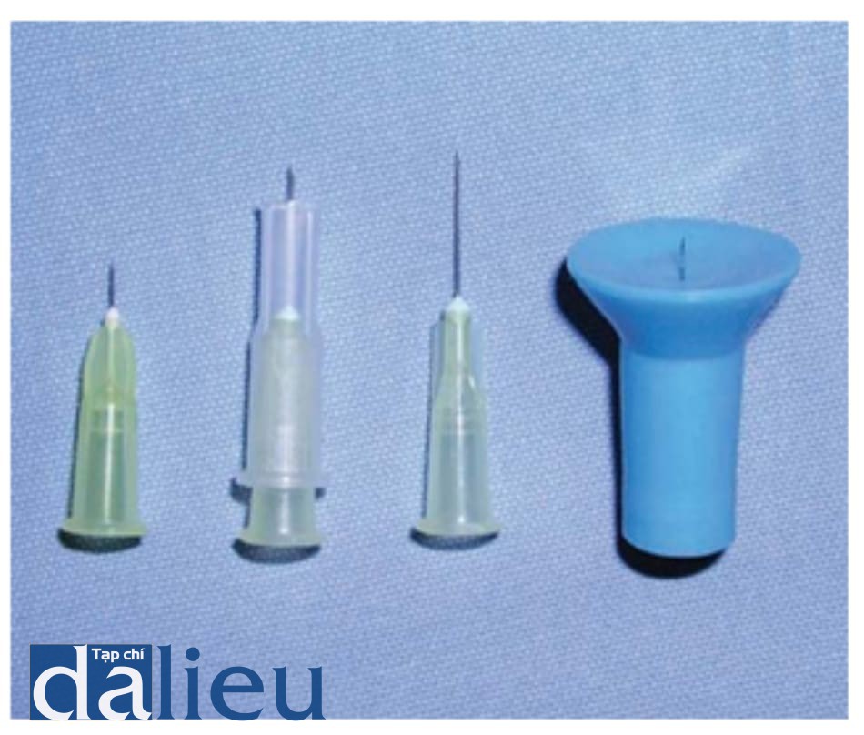 Hình 3.1 Các loại kim được sử dụng trong mesotherapy và kim SIT (kim màu xanh da trời) được sử dụng trong microtherapy.